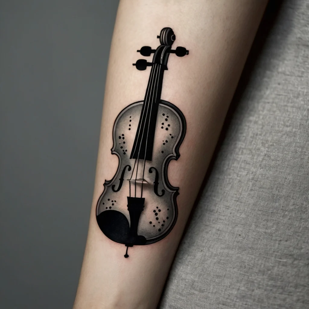 Tattoo of a black and gray violin with intricate dot detailing, blending realism with a modern artistic touch.