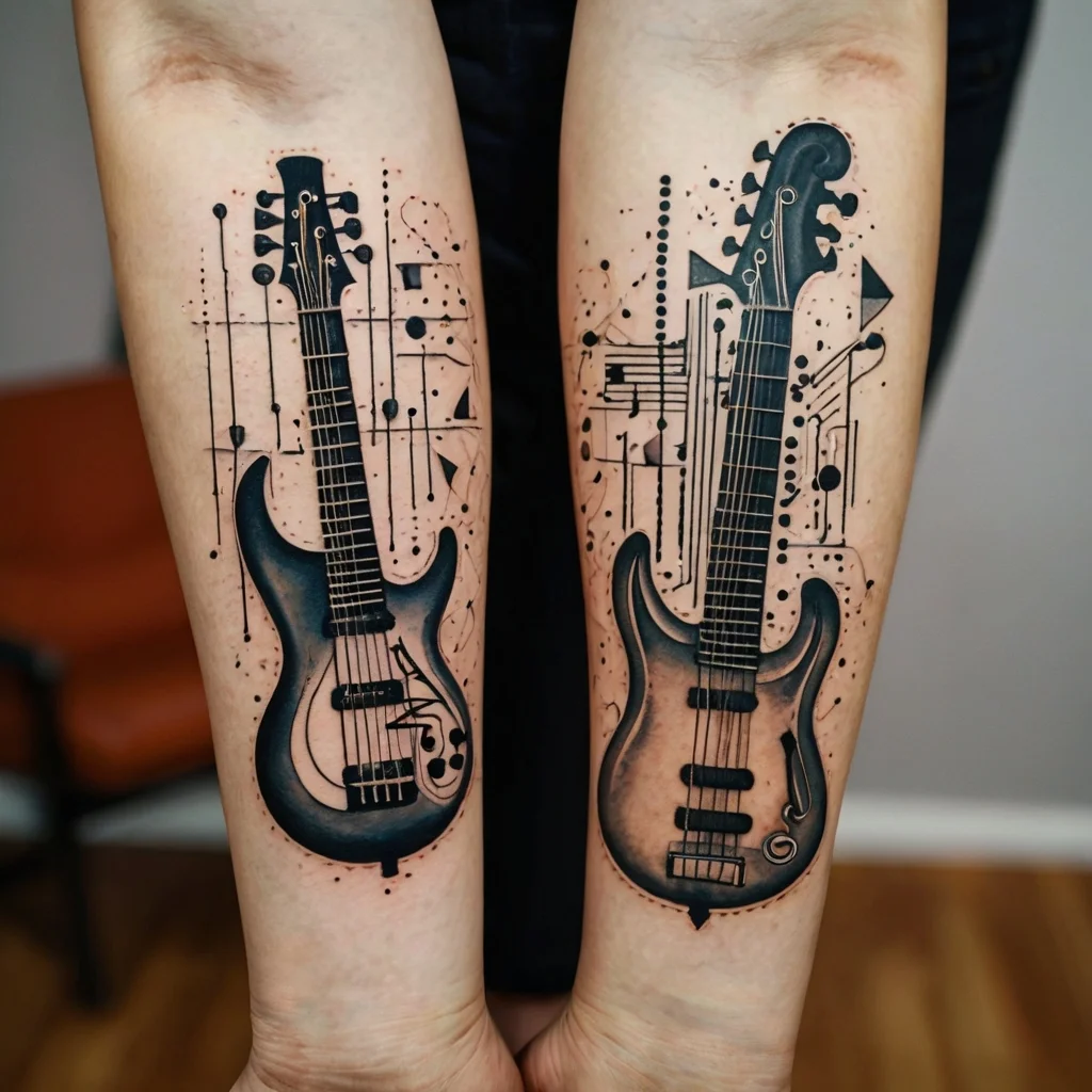 Abstract guitar tattoos with musical notes and geometric patterns on forearms, blending realism with artistic flair.