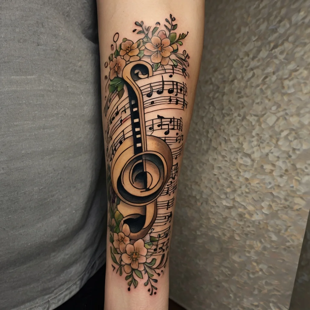 Tattoo of a treble clef with sheet music and vibrant flowers, blending musical and floral elements in a colorful design.