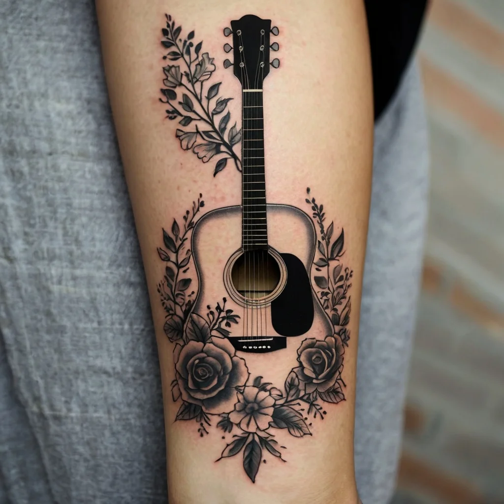 Tattoo depicting a guitar intertwined with detailed roses and leaves, creating a harmonious blend of music and nature.