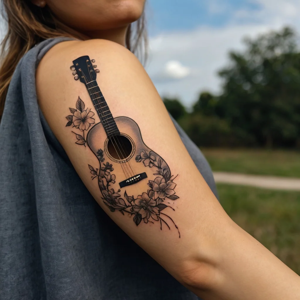 A shaded guitar tattoo surrounded by blooming flowers on the arm, symbolizing harmony and nature's beauty.