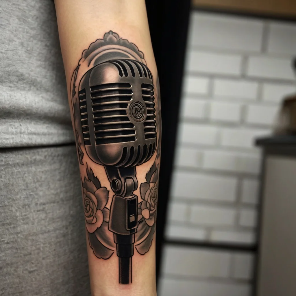 Vintage microphone tattoo with detailed roses, symbolizing passion for music and timeless elegance on forearm.