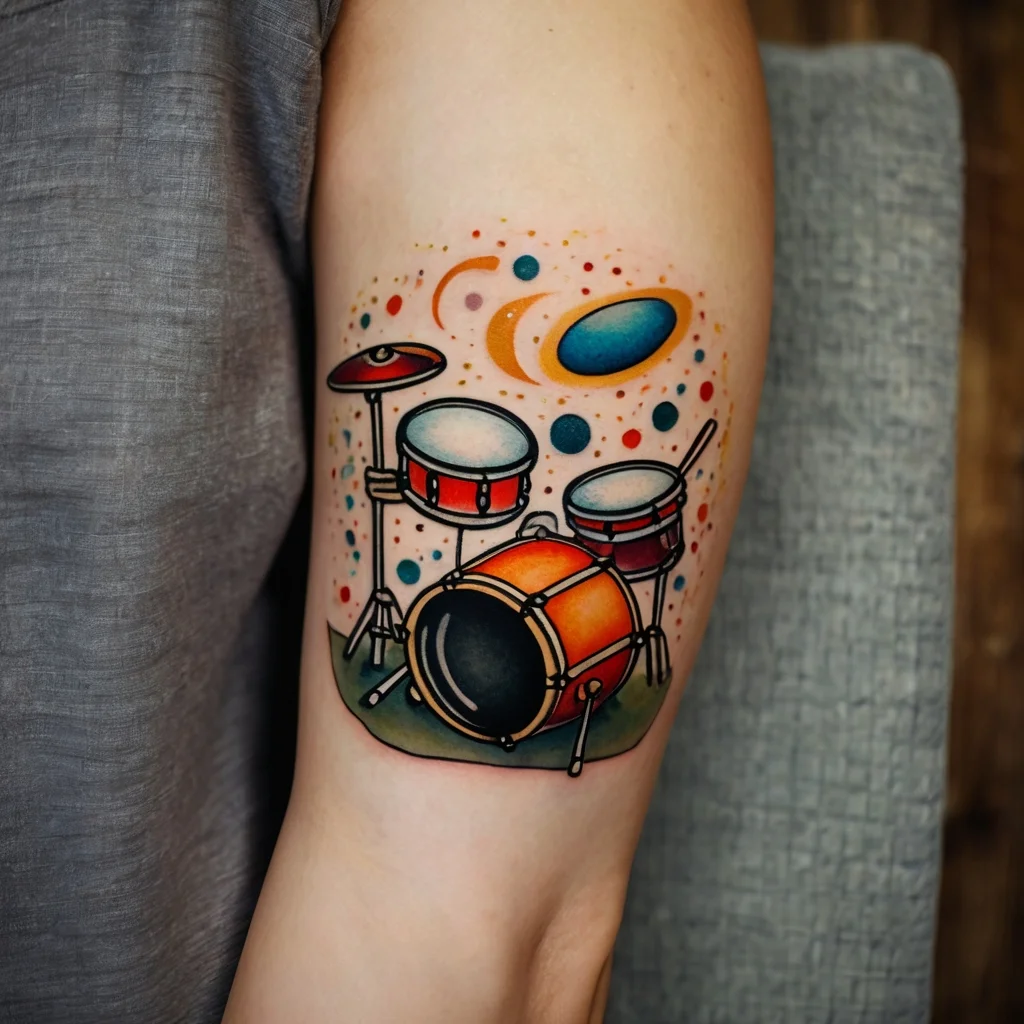 Colorful drum kit tattoo with space theme, featuring planets and stars surrounding vibrant drums on the arm.