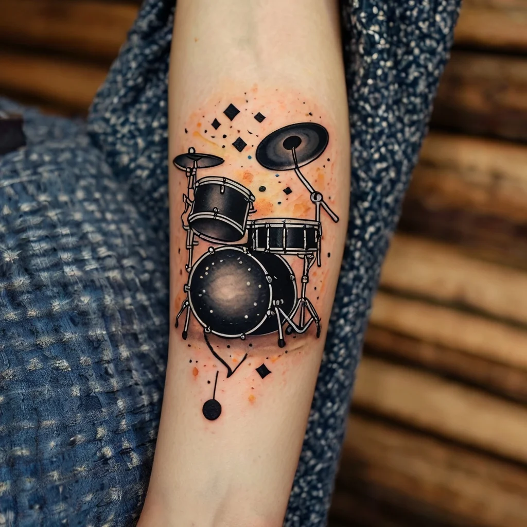 Tattoo of a detailed black drum set with geometric accents on an orange watercolor background.