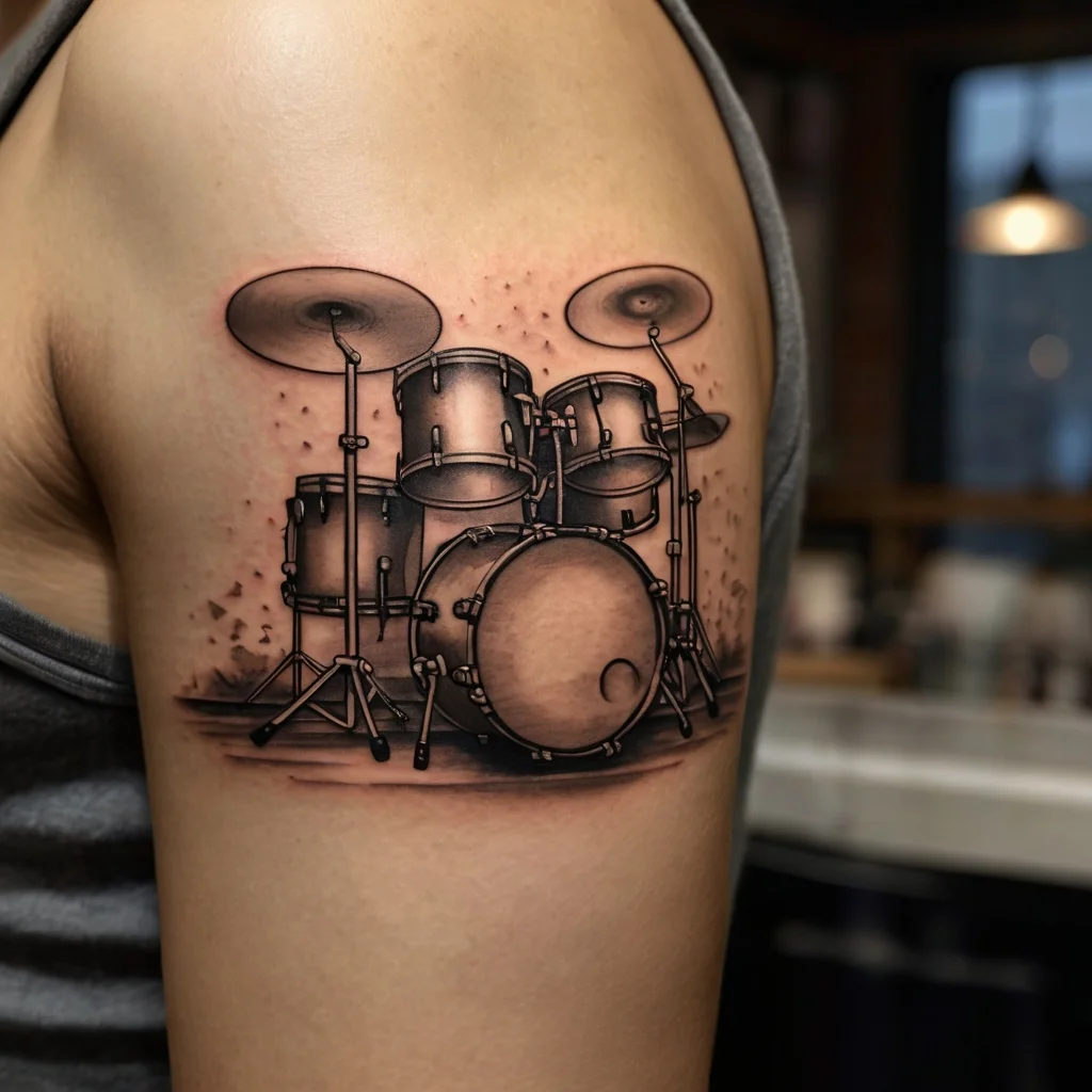 A detailed black-and-grey tattoo of a drum set with realistic shading on the upper arm, symbolizing musical passion.