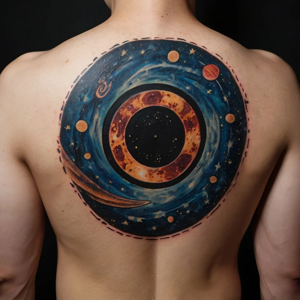 Back tattoo of swirling galaxy and planets in vibrant blues and fiery reds, centered with a dark celestial void.