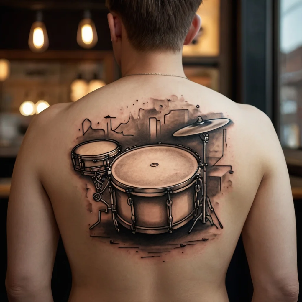 Back tattoo of detailed drums with skyline background in black and gray, blending realism with abstract style.