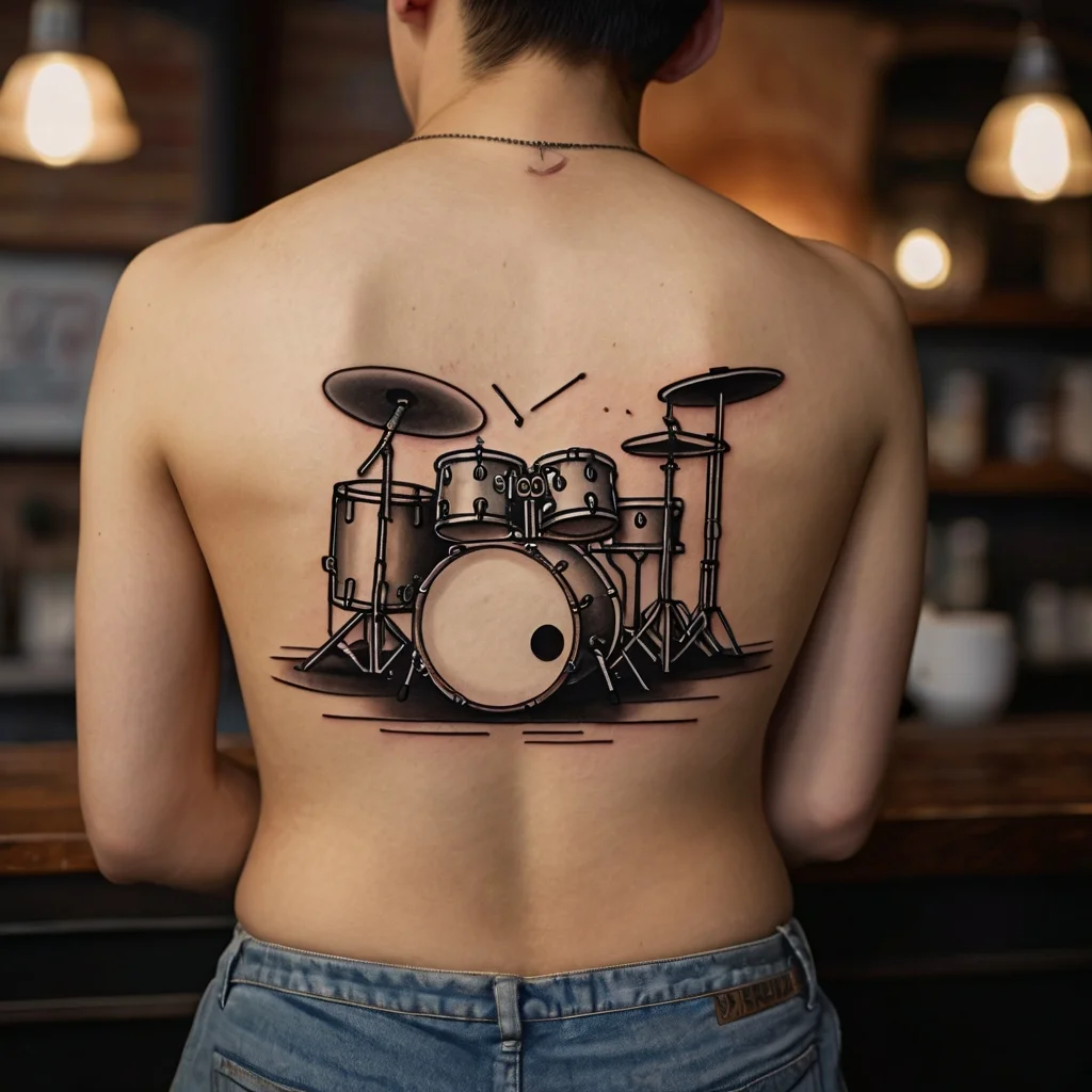 Back tattoo of a detailed drum set, with realistic shadows and highlights, symbolizing musical passion and rhythm.