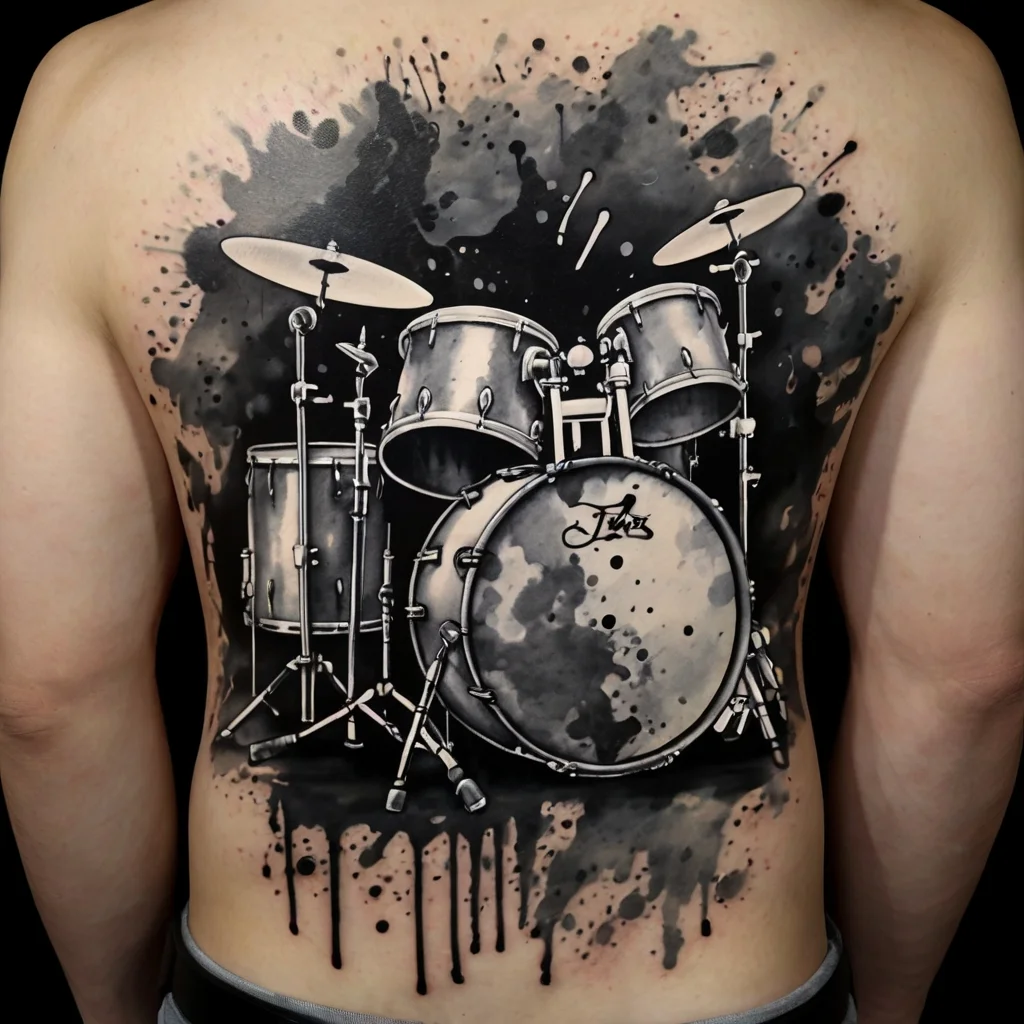 Realistic drum set tattoo with dynamic ink splatters, covering the back in grayscale, capturing musical energy.