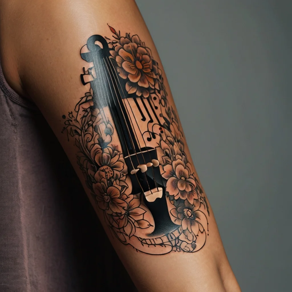 Tattoo of a black violin entwined with detailed flower motifs, featuring dynamic musical notes above the intricate design.