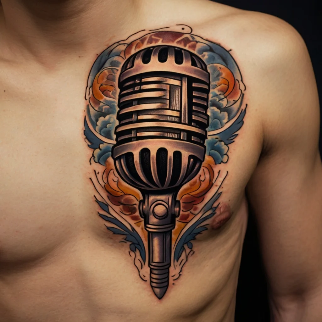 Tattoo of a vintage microphone on the chest, surrounded by colorful clouds and floral motifs, showcasing musical passion.