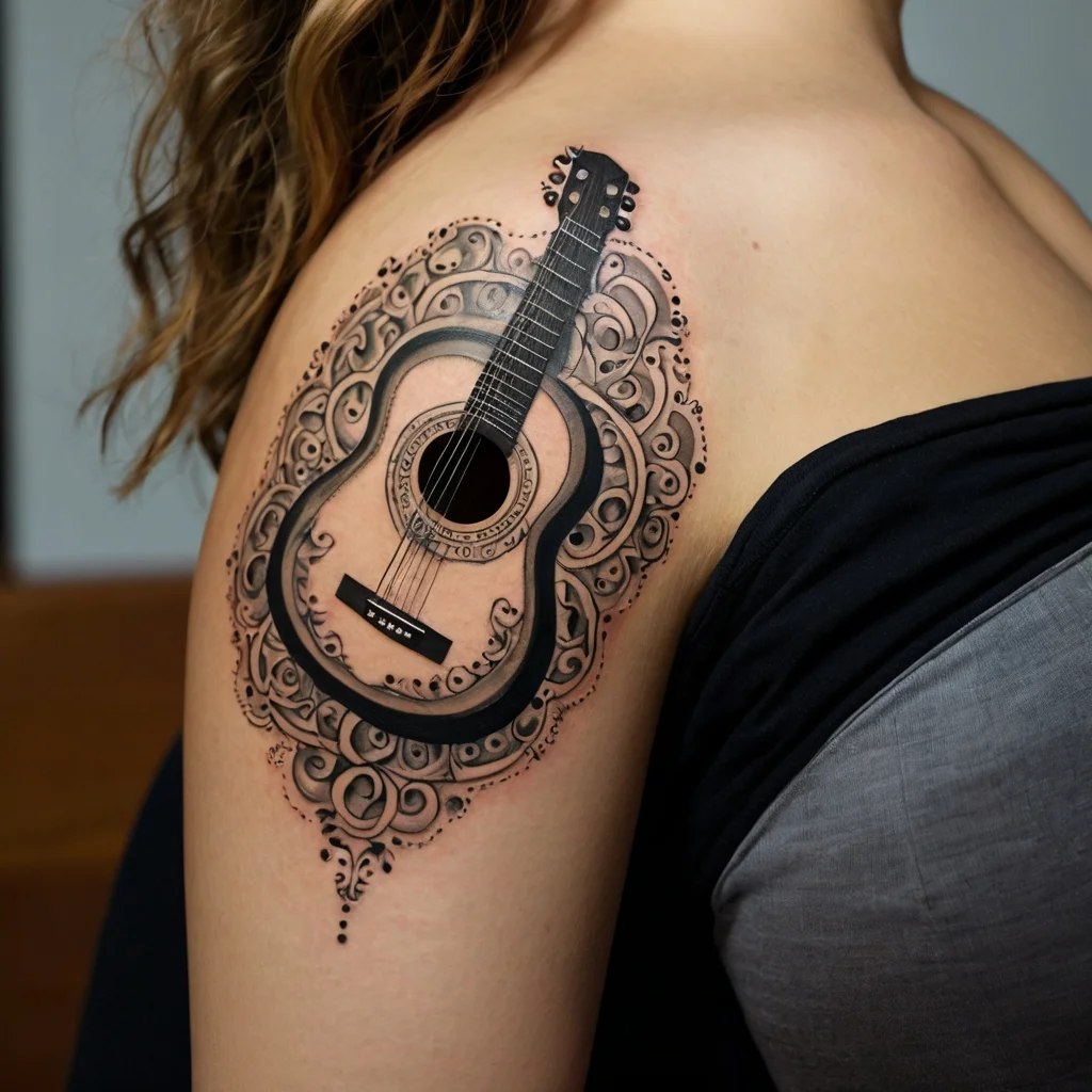 Ornate guitar tattoo on shoulder, surrounded by intricate swirls and dots, blending musical and artistic elements.