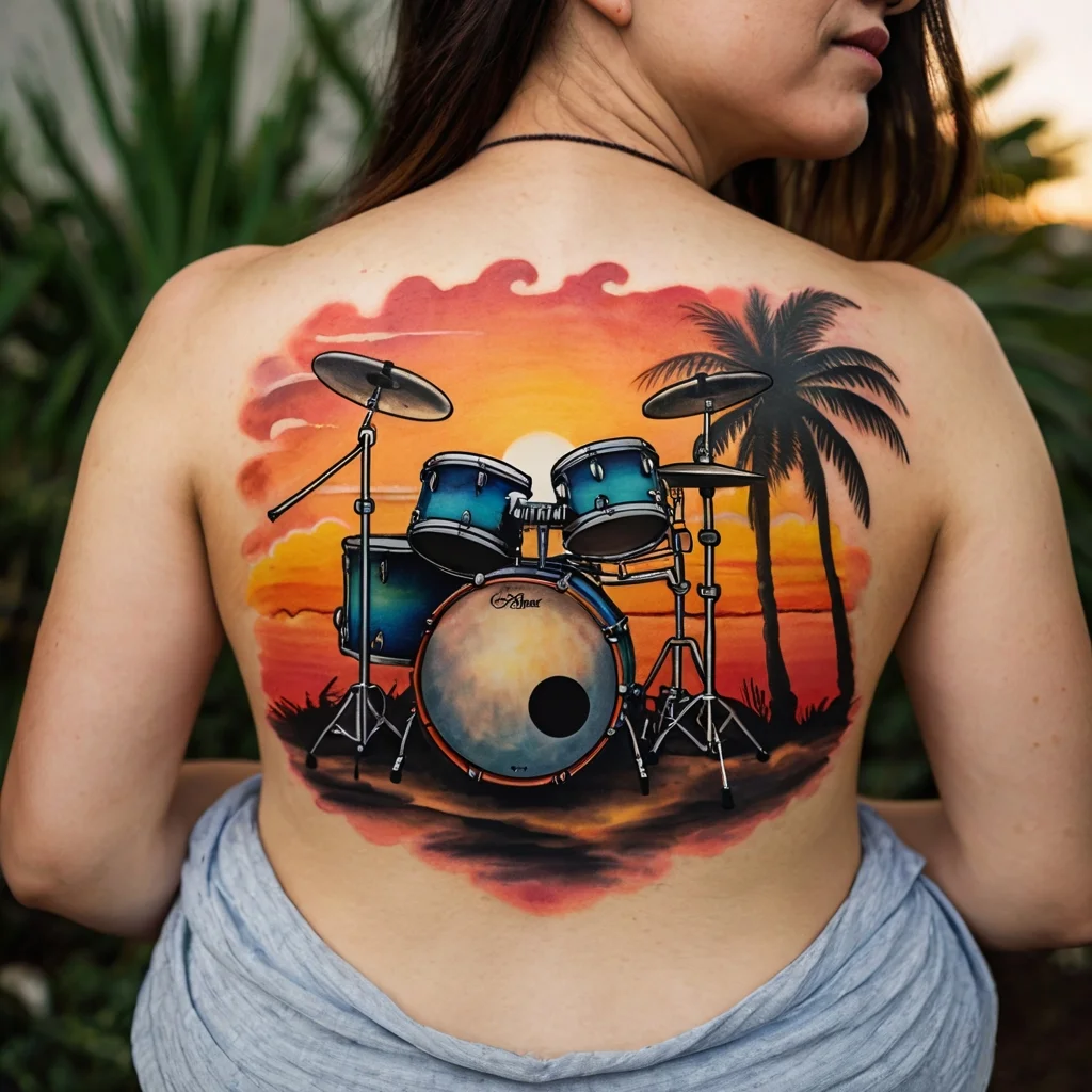 Tattoo of a blue drum set against a vibrant sunset with palm trees, covering the back for a tropical music vibe.