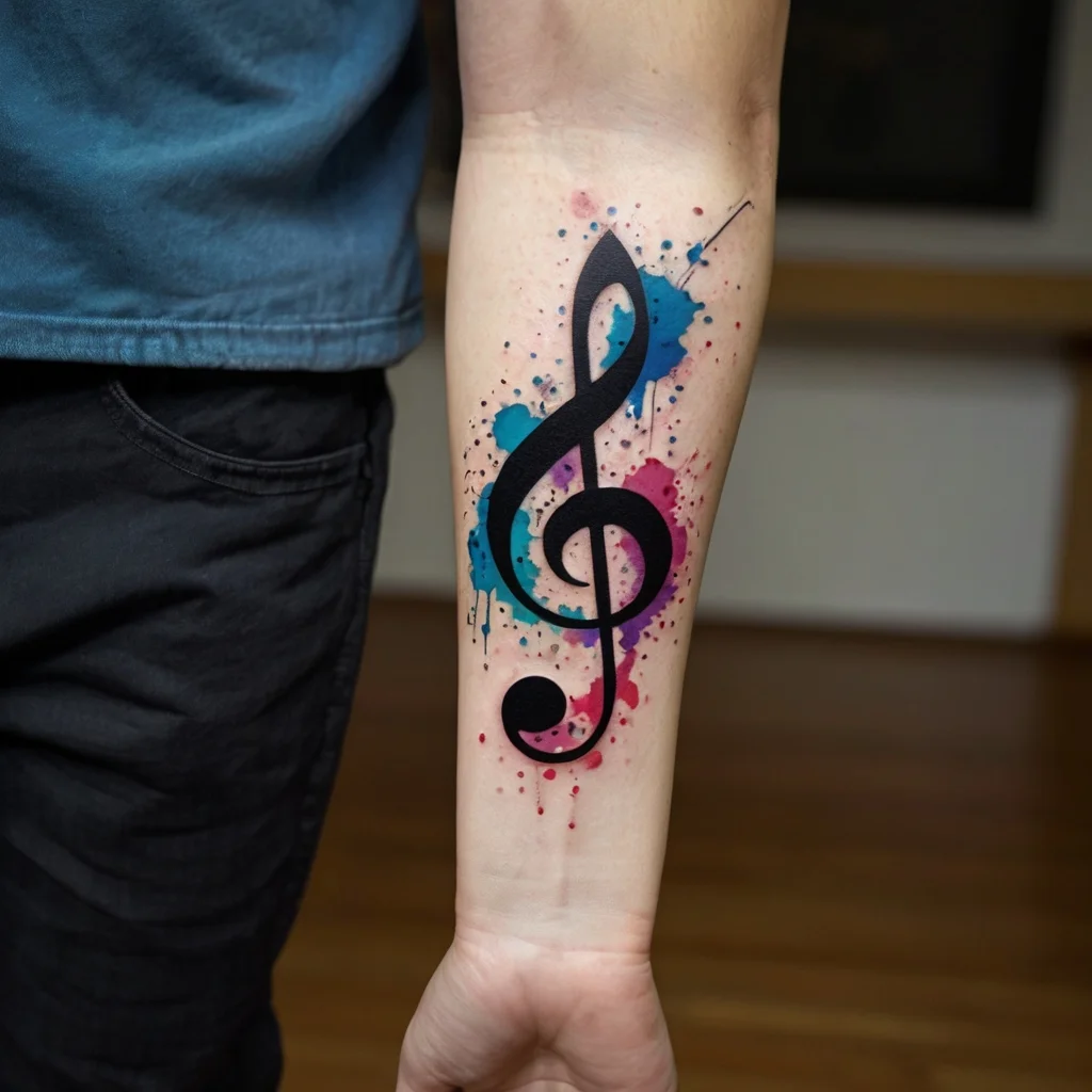 Tattoo of a black treble clef with vibrant blue and pink watercolor splashes, creating a dynamic and artistic look.