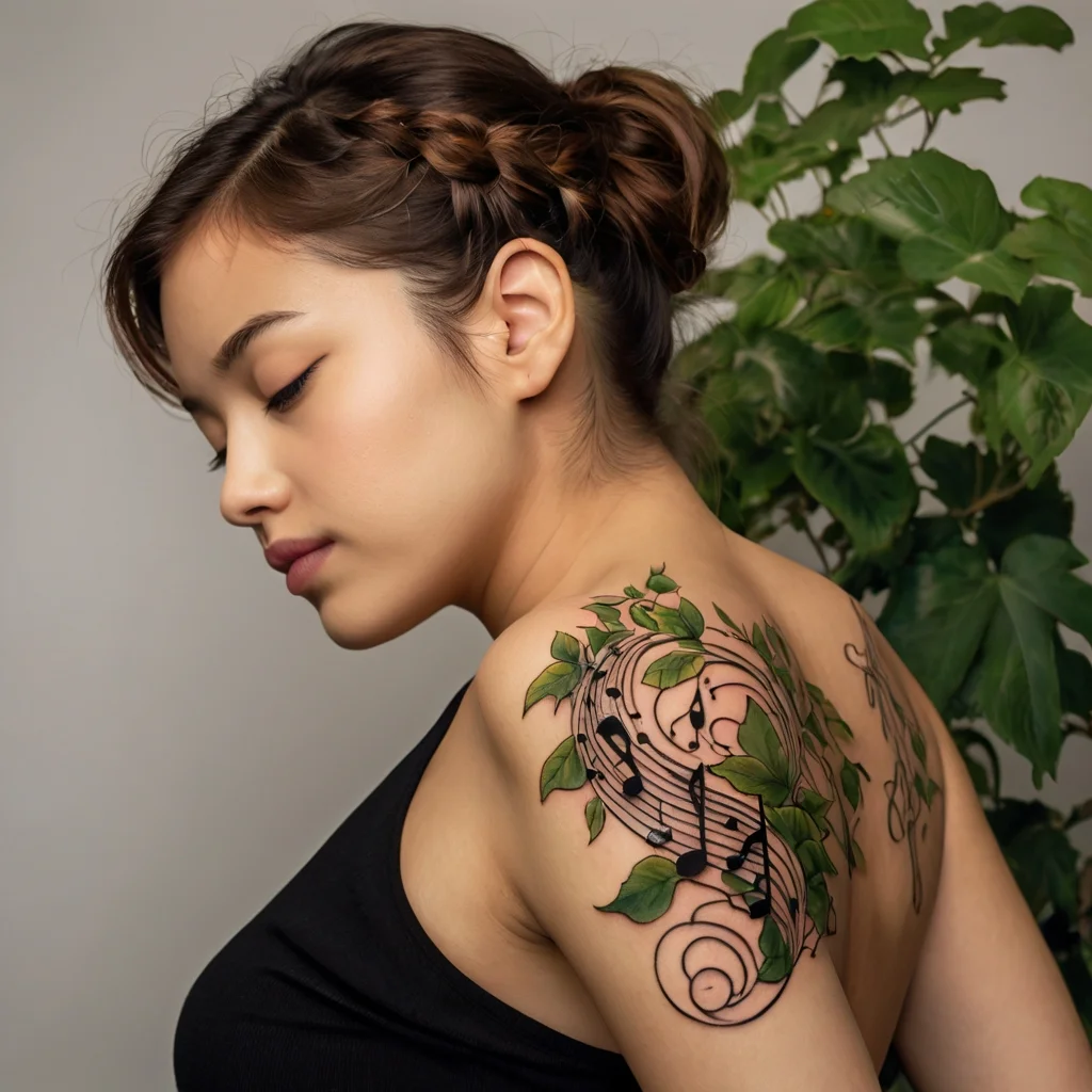 Tattoo of swirling musical notes entwined with green leaves, symbolizing harmony and growth on the shoulder.