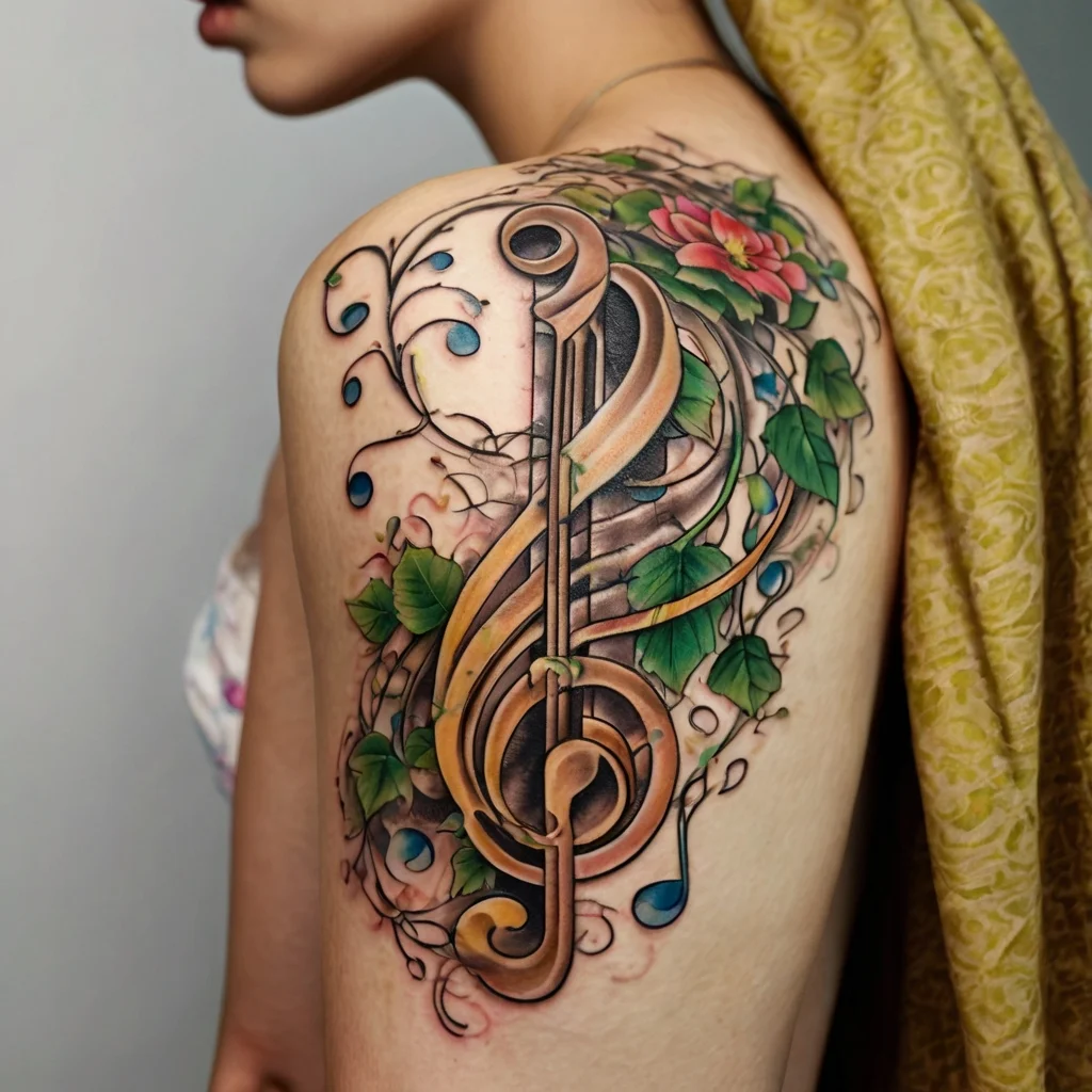 A vibrant treble clef tattoo adorned with swirling vines, green leaves, blue notes, and a red flower on the shoulder.