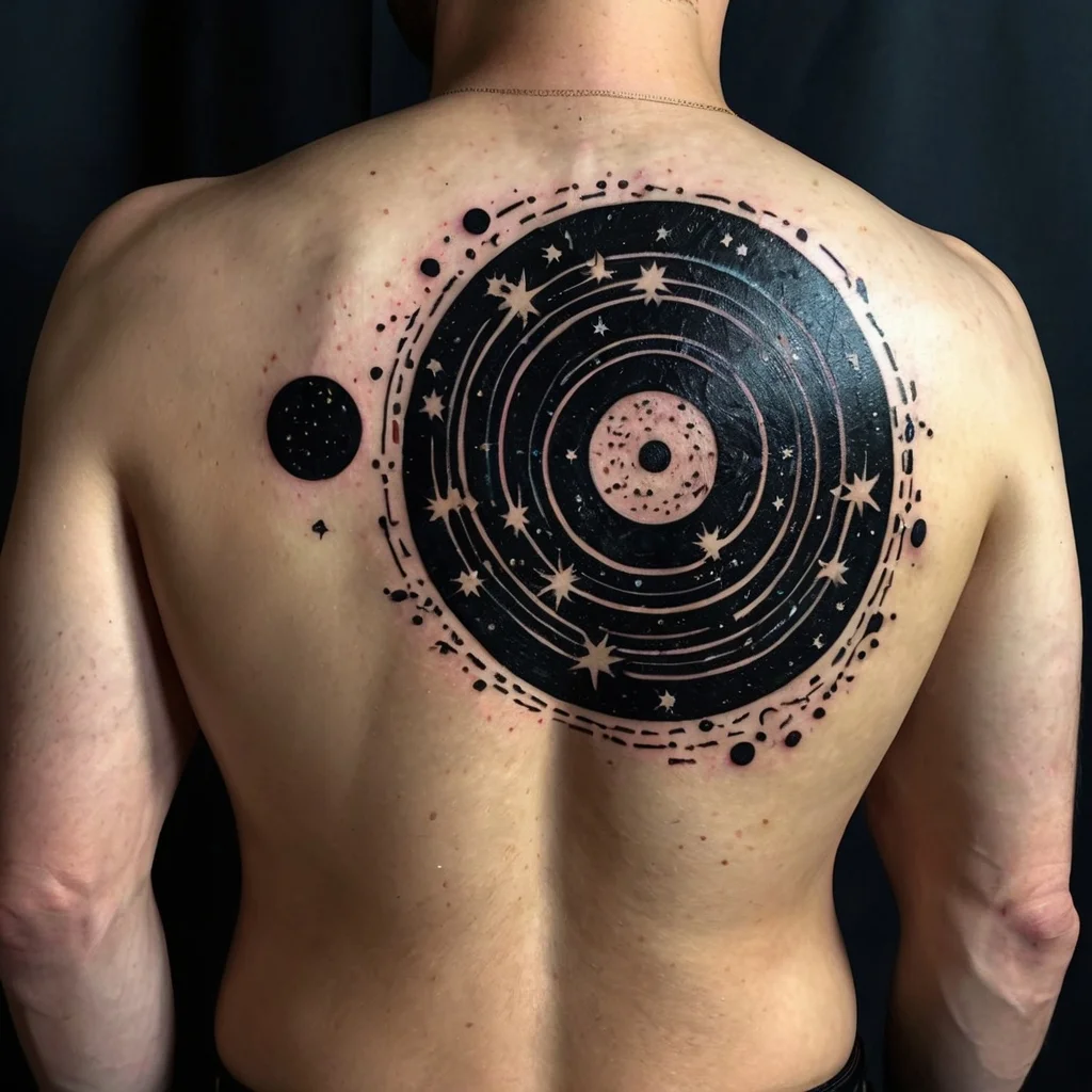 Circular cosmic tattoo on the back with stars, planets, and orbit lines, symbolizing space exploration and mysticism.