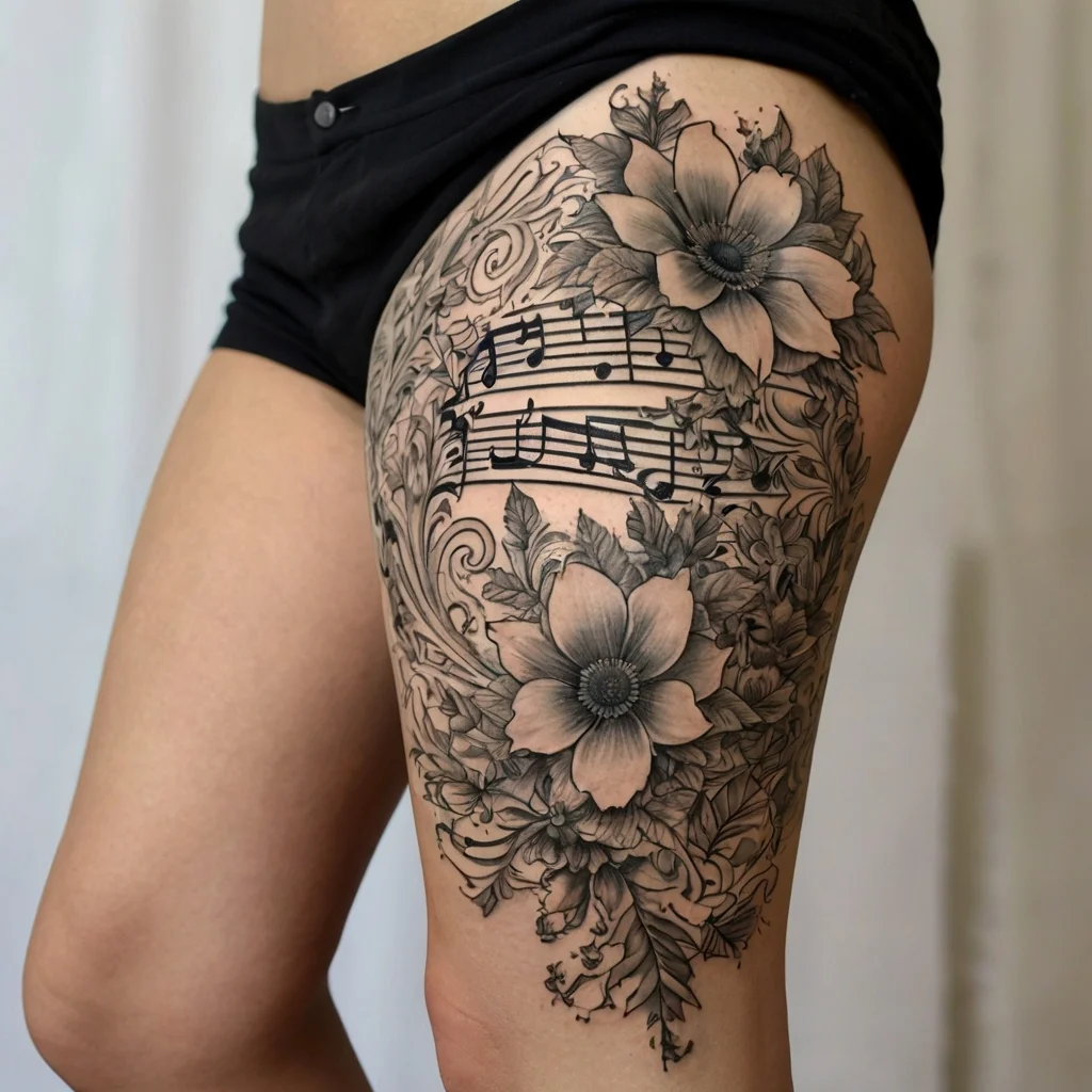 Floral tattoo with large flowers, intricate leaves, and swirling music notes on a woman's thigh.