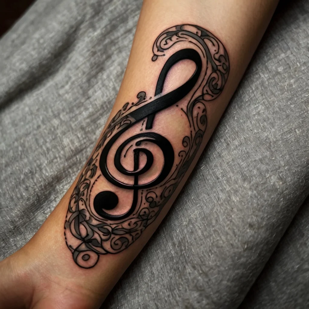 Tattoo of a bold treble clef entwined with intricate, flowing vines and ornamental swirls, symbolizing harmony and creativity.