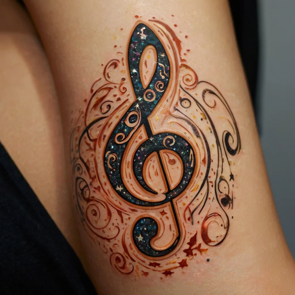 This tattoo features a cosmic-themed treble clef with swirling musical notes and galaxy-inspired patterns.