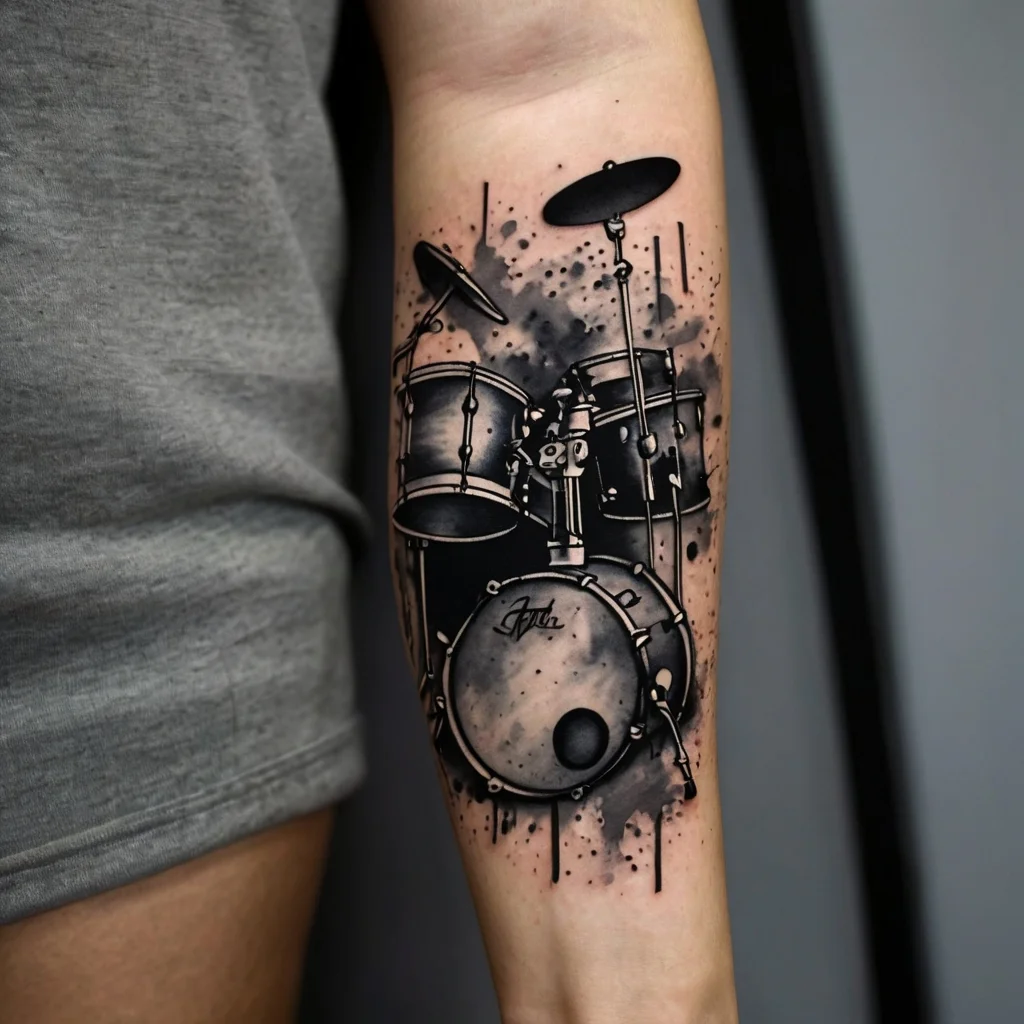 Stylized drum set tattoo in grayscale with splash effects, combining realism and abstract art on the forearm.