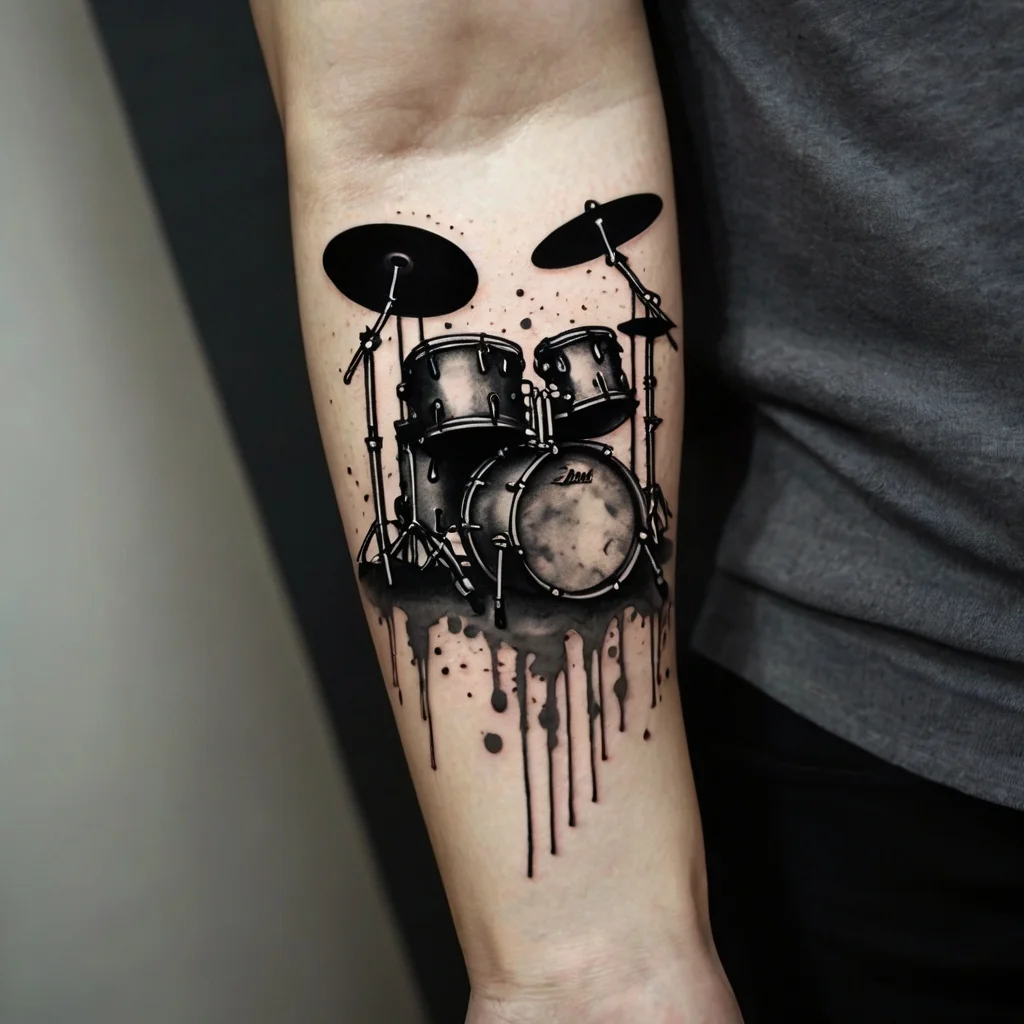 Realistic drum kit tattoo with artistic ink splatters, creating a dynamic and musical effect on the forearm.