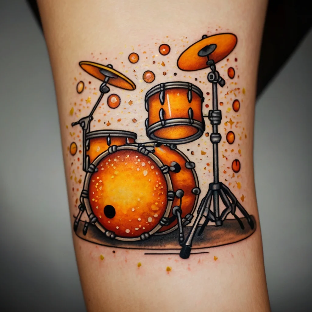 Colorful tattoo of an orange drum kit with cymbals, surrounded by floating dots, showcasing vibrant, dynamic music energy.