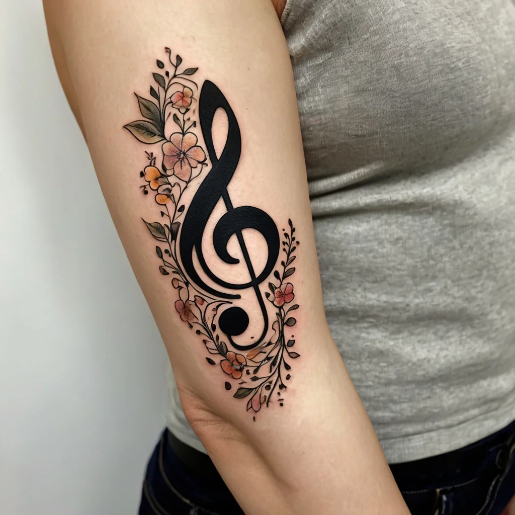 A bold black treble clef tattoo intertwined with delicate, colorful flowers and leaves, accentuating musical artistry.