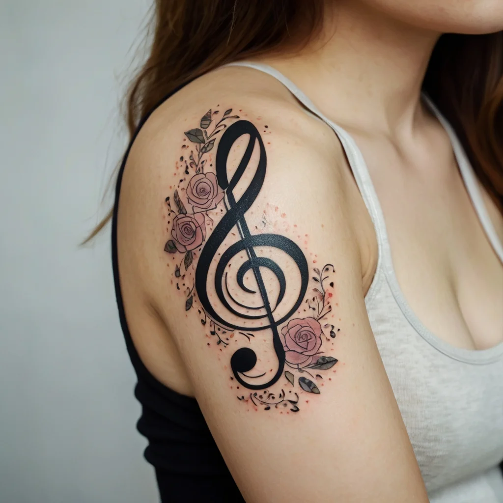 Treble clef tattoo entwined with pink roses and delicate leaves on upper arm; a harmony of music and nature.