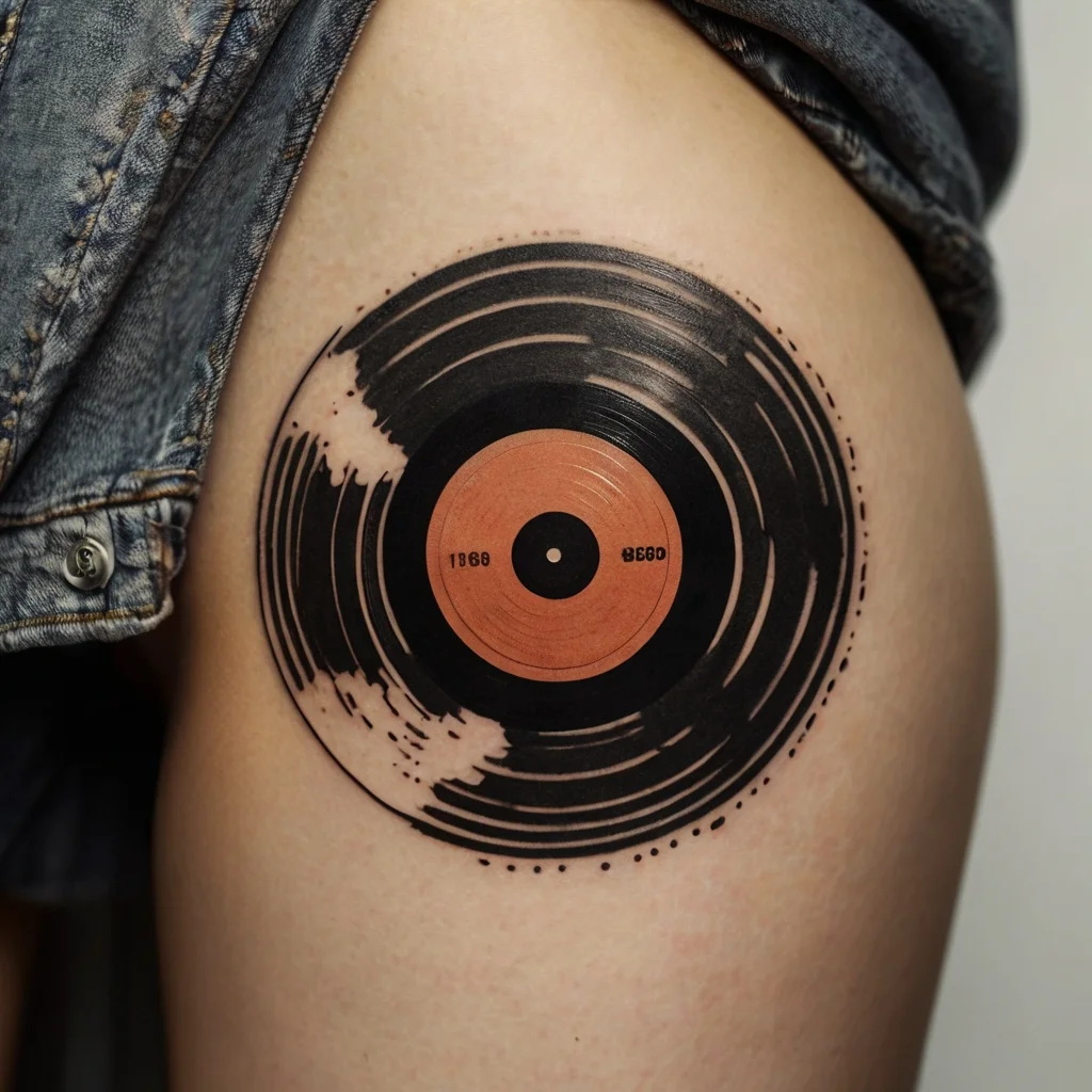 Tattoo of a melting vinyl record with a central label and visible grooves, symbolizing music's fleeting nature.