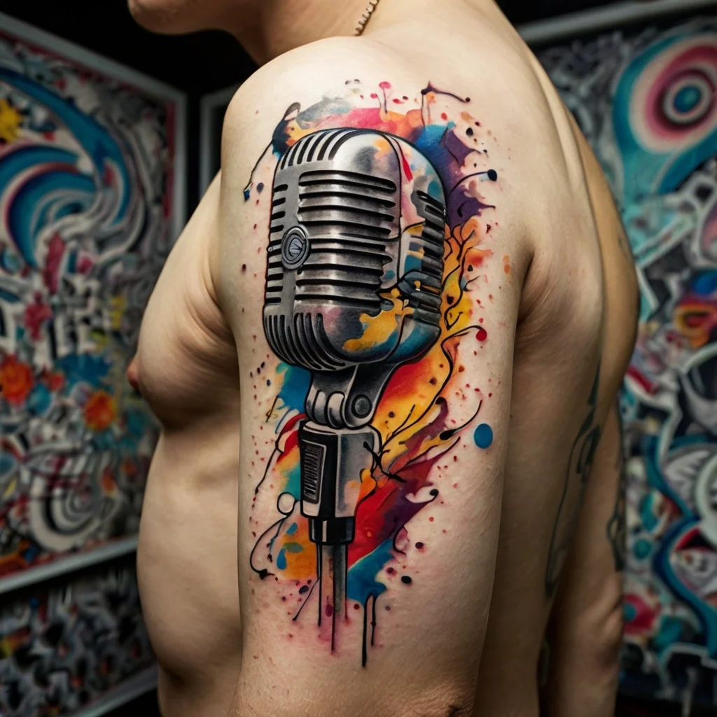 A realistic vintage microphone tattoo with vibrant watercolor splashes in red, blue, and yellow on the upper arm.