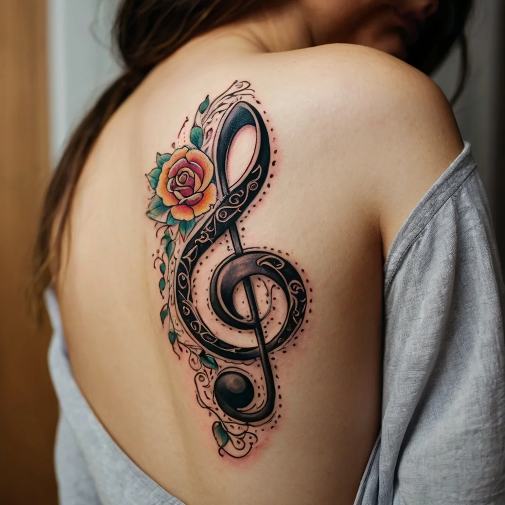 A vibrant tattoo featuring a detailed treble clef entwined with a colorful rose stem, adorned with swirling patterns.