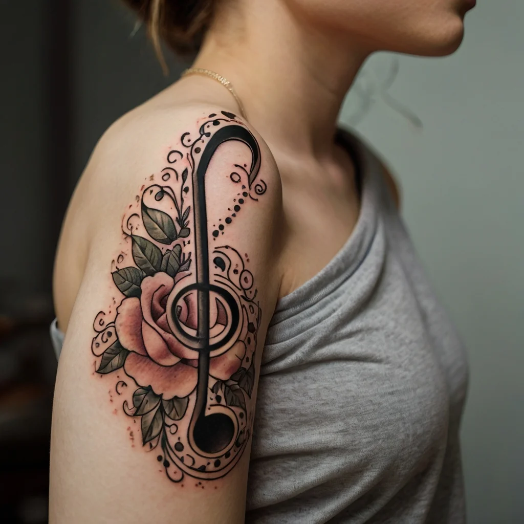 Floral treble clef tattoo on upper arm, adorned with roses and detailed filigree, blending grace and musical passion.