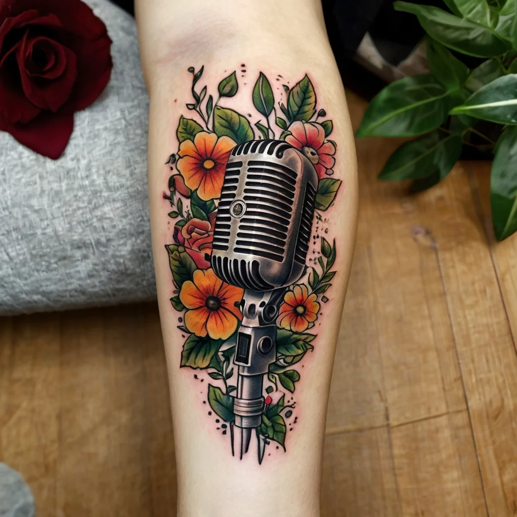 Vintage microphone tattoo surrounded by vibrant orange flowers and green leaves, symbolizing music and nature.