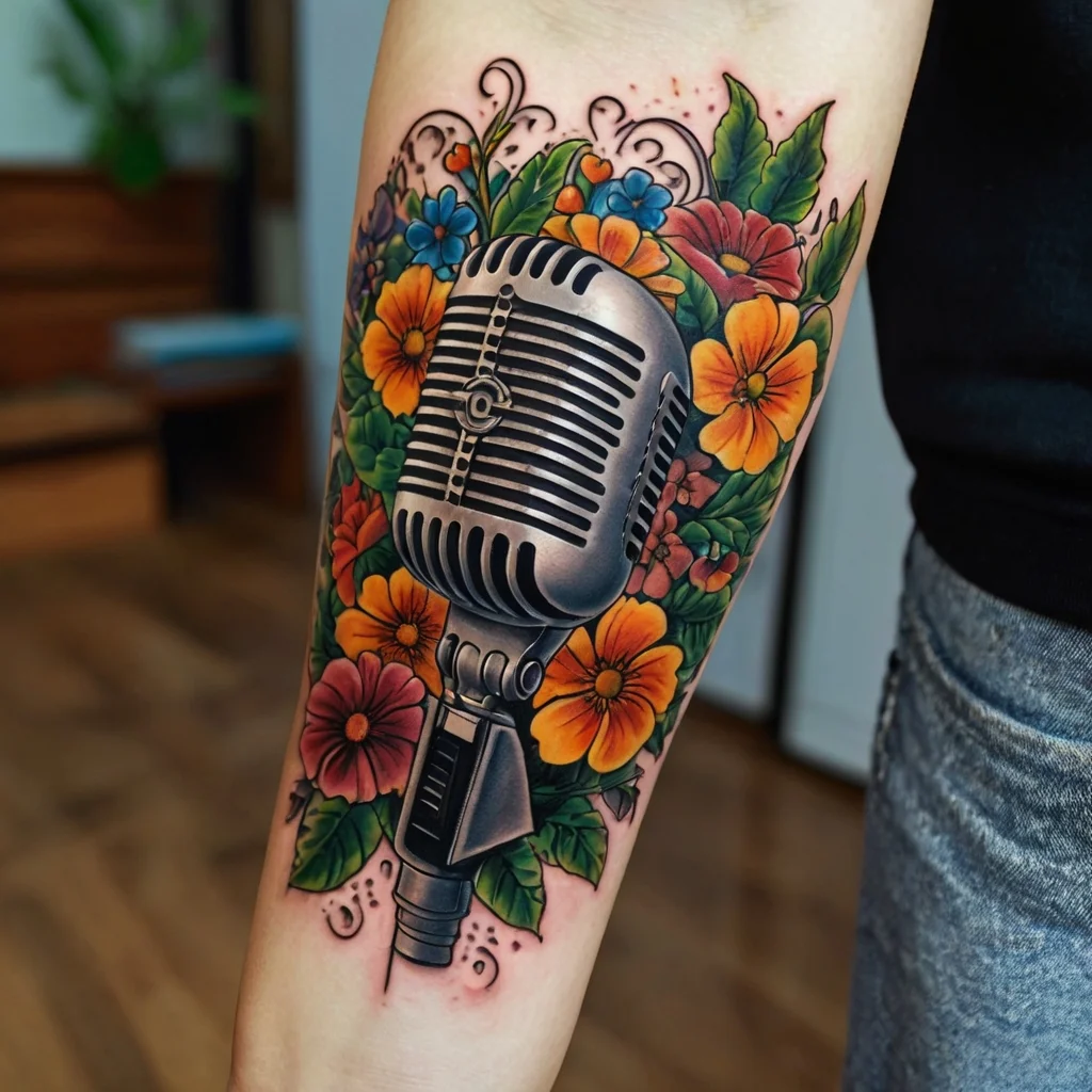 Tattoo of a vintage microphone surrounded by vibrant, colorful flowers and leaves, blending music and nature.