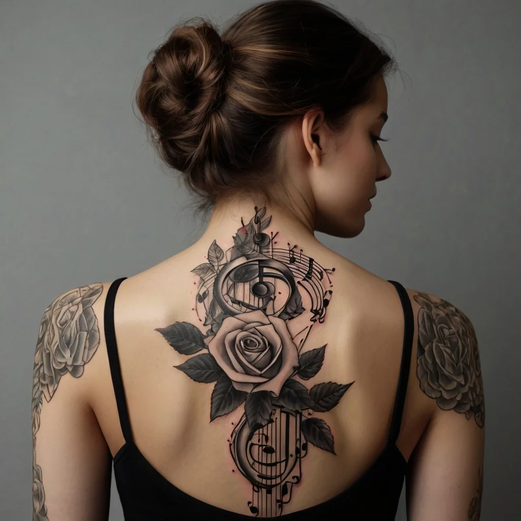 A black and gray tattoo featuring a rose intertwined with musical notes and a treble clef on the woman's back.