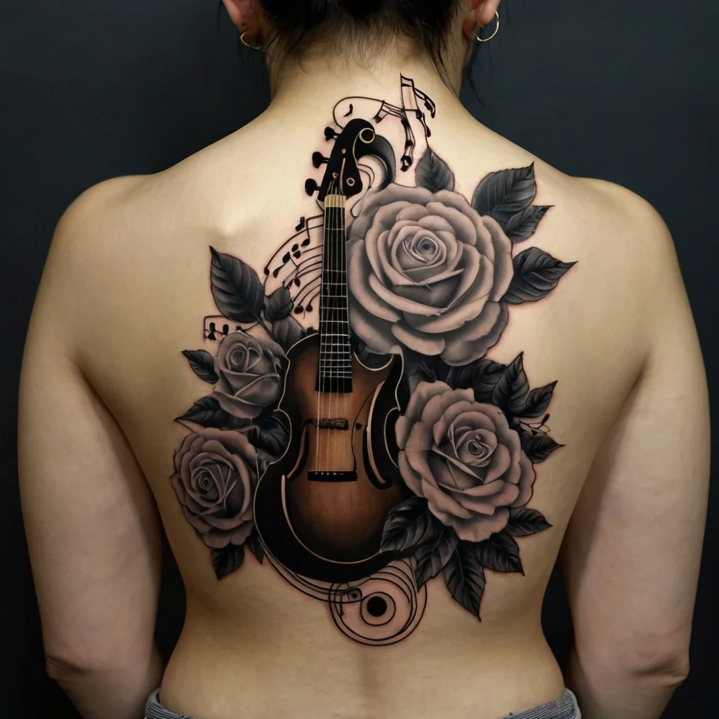 Tattoo of a guitar entwined with roses and musical notes on a back, symbolizing harmony and passion in music and nature.