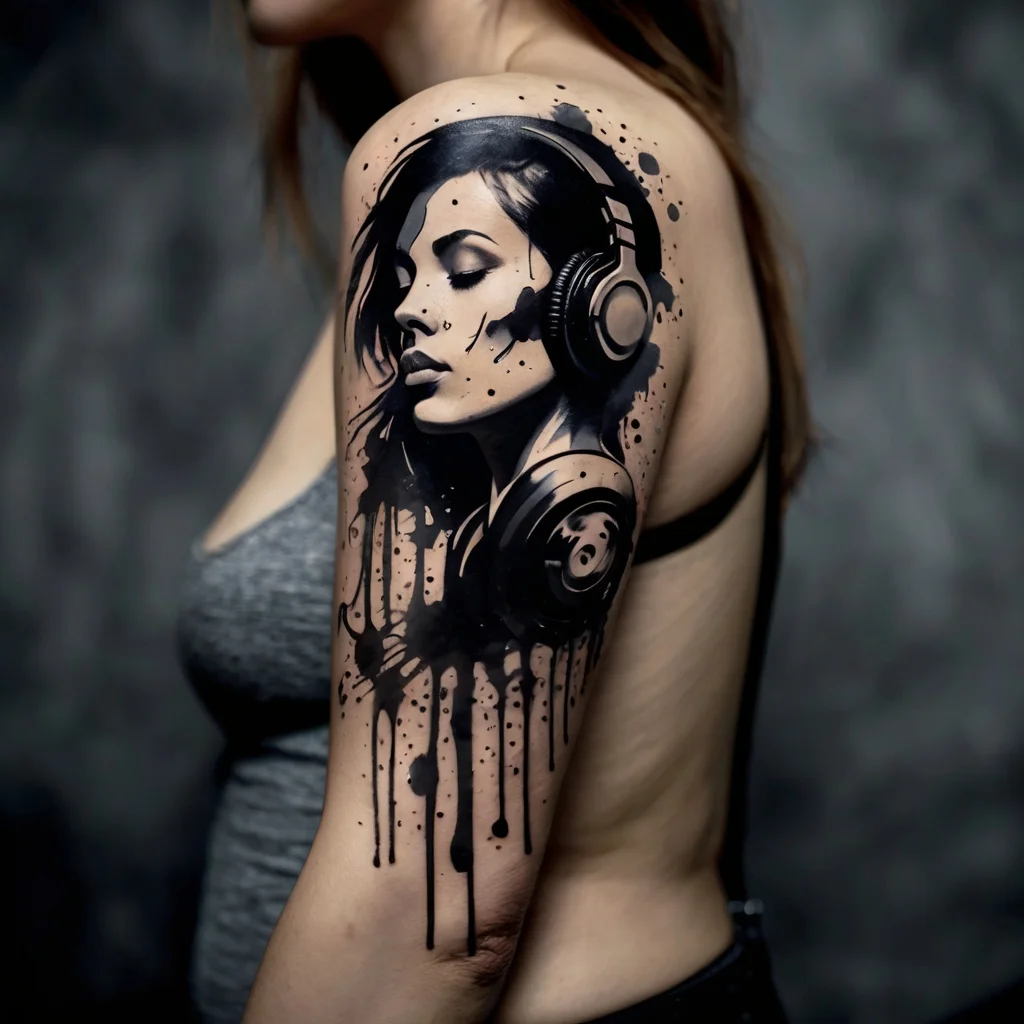 A black ink tattoo of a woman in headphones, styled with artistic splatter effect, covers the upper arm.