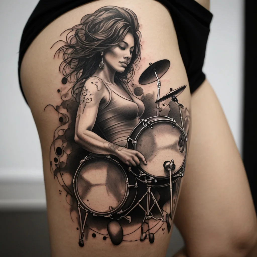 Black and gray tattoo of a woman playing drums, blending realistic detail and abstract splashes for a dynamic feel.