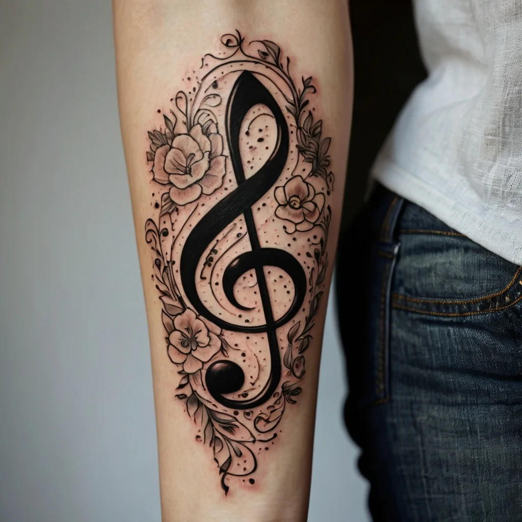 Treble clef tattoo adorned with delicate flowers and leaves, blending music and nature in a graceful design on the forearm.