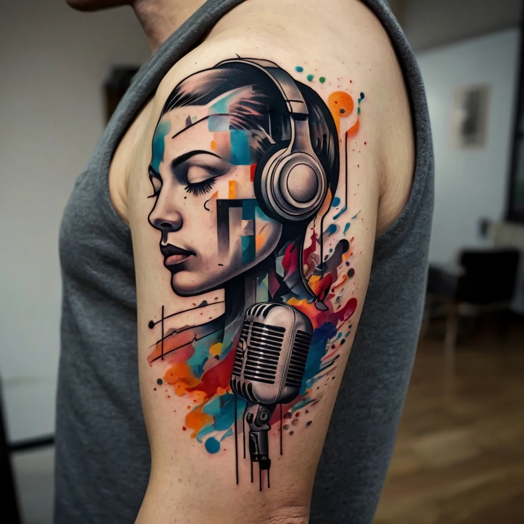 Tattoo of a woman in headphones with a vintage microphone, featuring colorful watercolor splashes and geometric patterns.