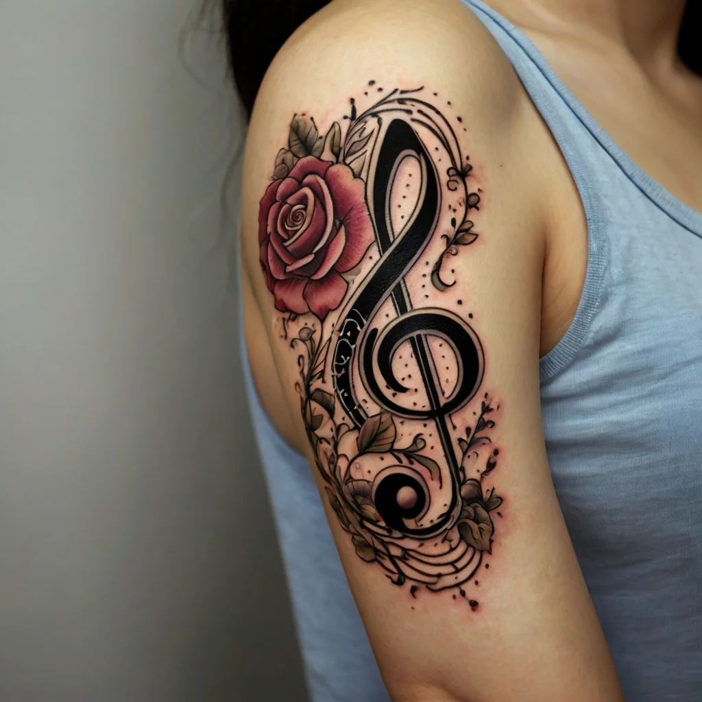 A treble clef intertwined with a vibrant red rose and swirls decorates the upper arm, symbolizing music and beauty.