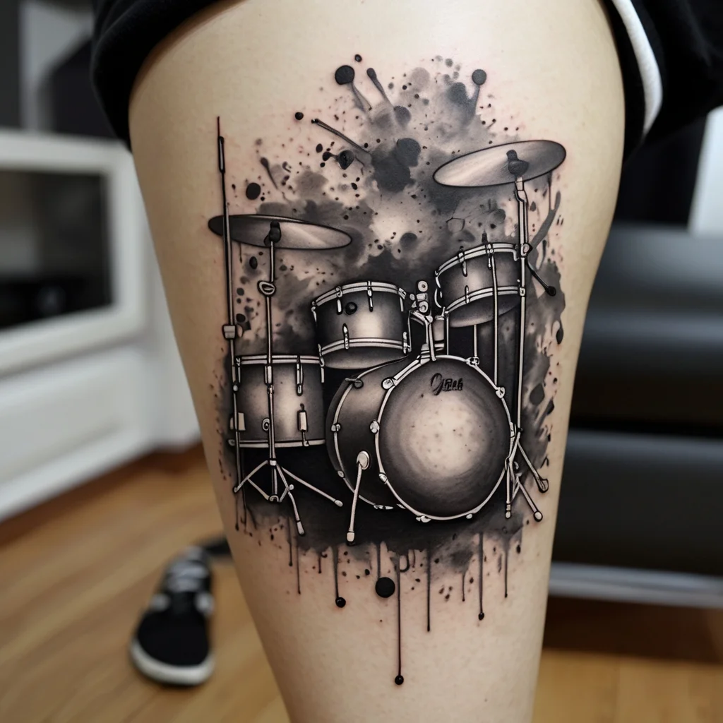 Tattoo of a grayscale drum kit with ink splatter effects on the background, creating a dynamic music-themed design.