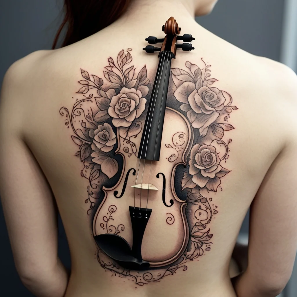 A violin tattoo on the back, entwined with detailed roses and swirling vines, creating an elegant, harmonious design.