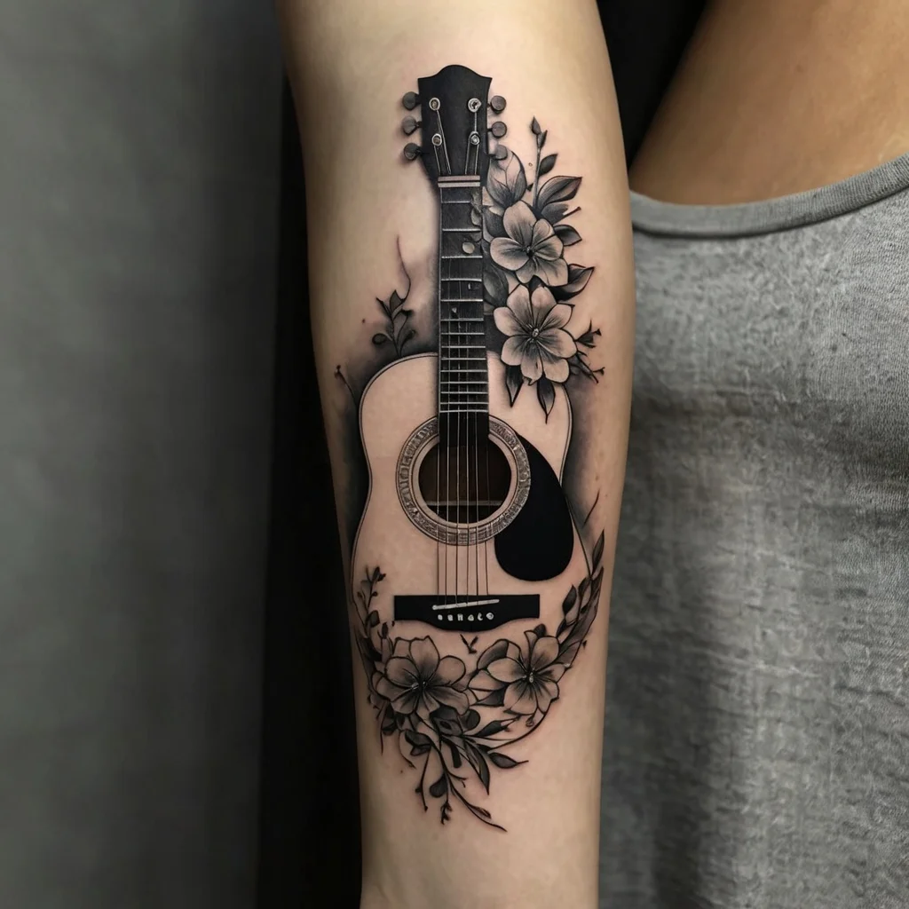 Tattoo of a detailed acoustic guitar entwined with blooming flowers, symbolizing harmony and creativity on the forearm.