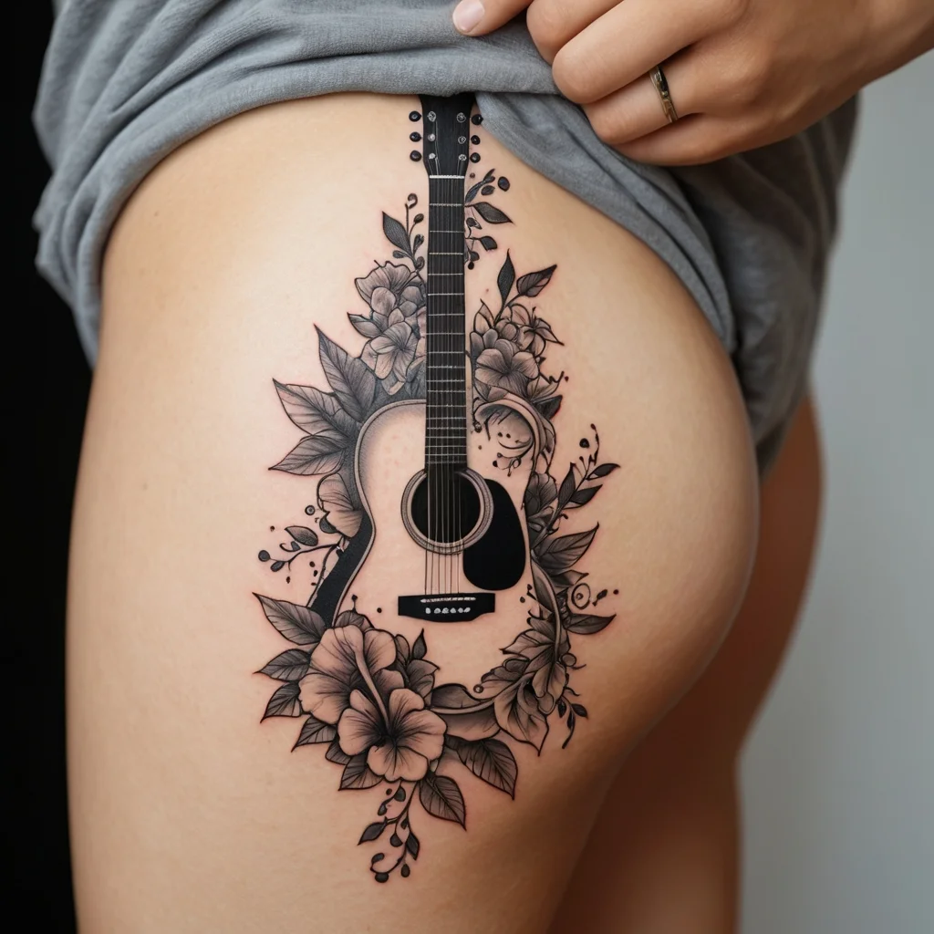 A realistic guitar tattoo with intricate floral elements, blending hibiscus flowers and leaves around the instrument.