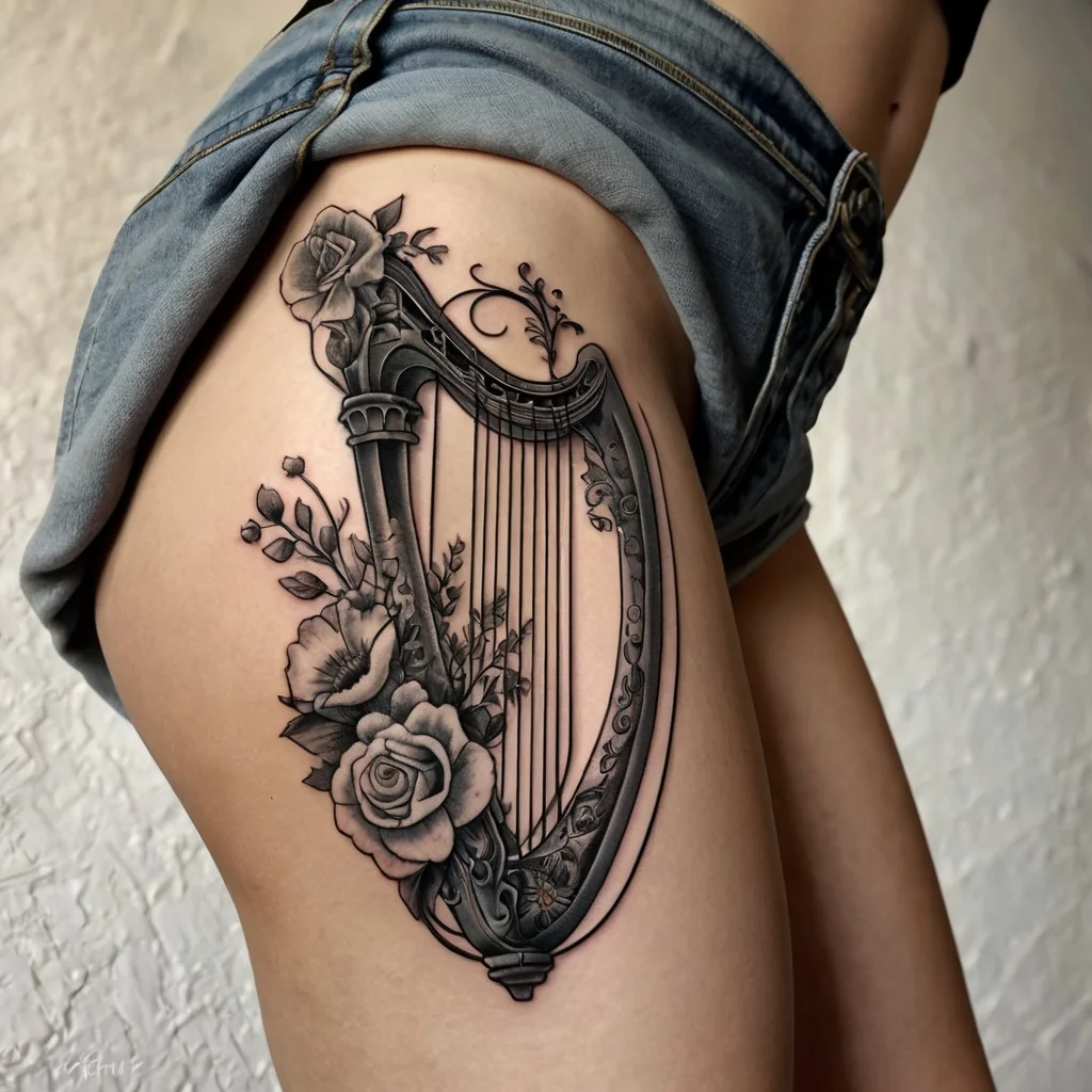 Tattoo of a detailed harp entwined with roses and leaves, representing harmony and beauty, on the upper thigh.