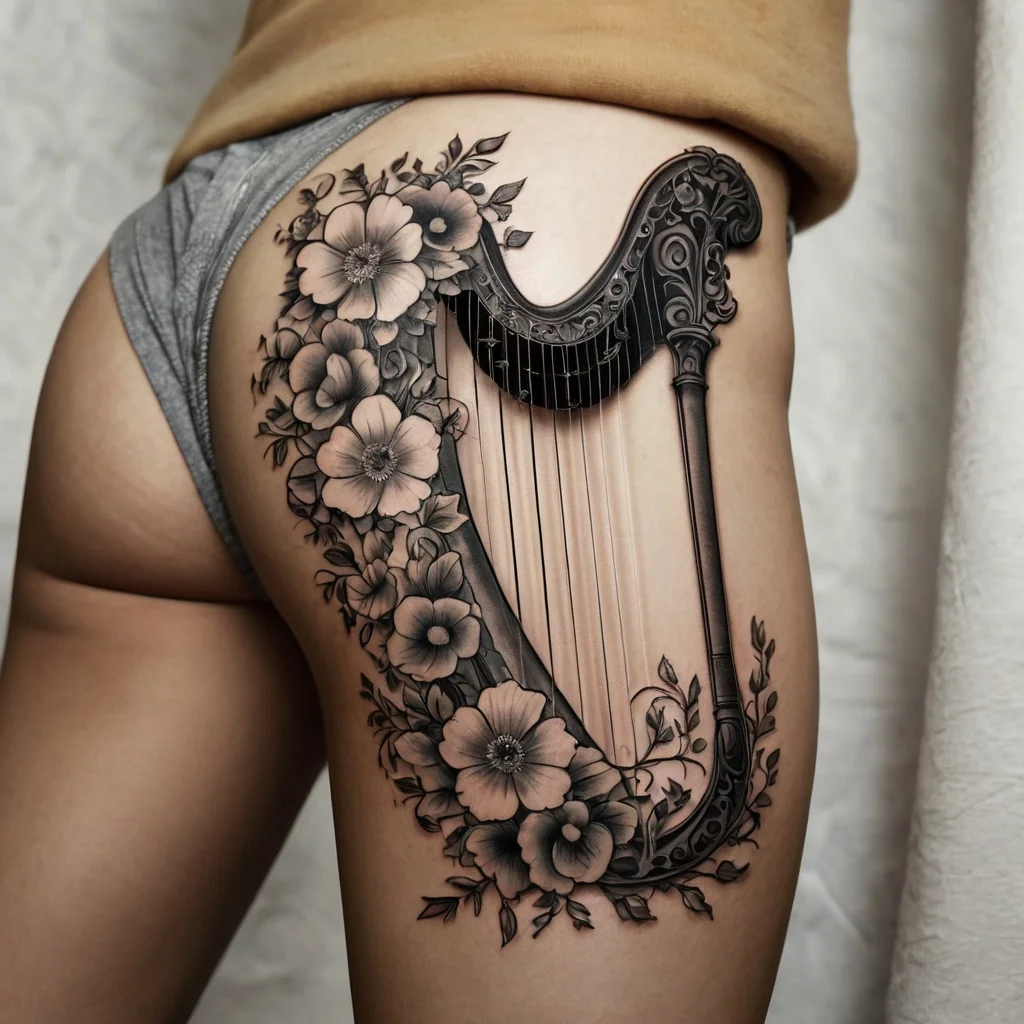 A detailed harp tattoo with ornate patterns, surrounded by blooming flowers and leaves, elegantly inked on the thigh.