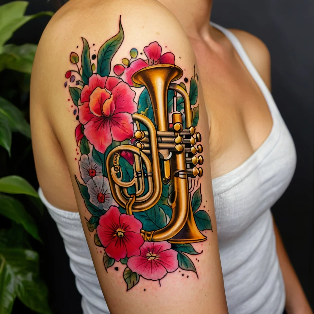 A vibrant tattoo of a brass trumpet surrounded by red and pink hibiscus flowers with green leaves on an upper arm.