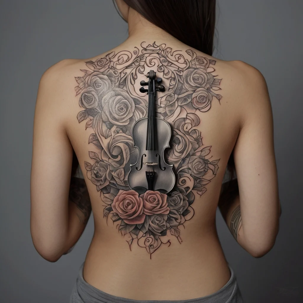 Tattoo of a black violin entwined with detailed roses, blending shades of gray and pink, covering the upper back.